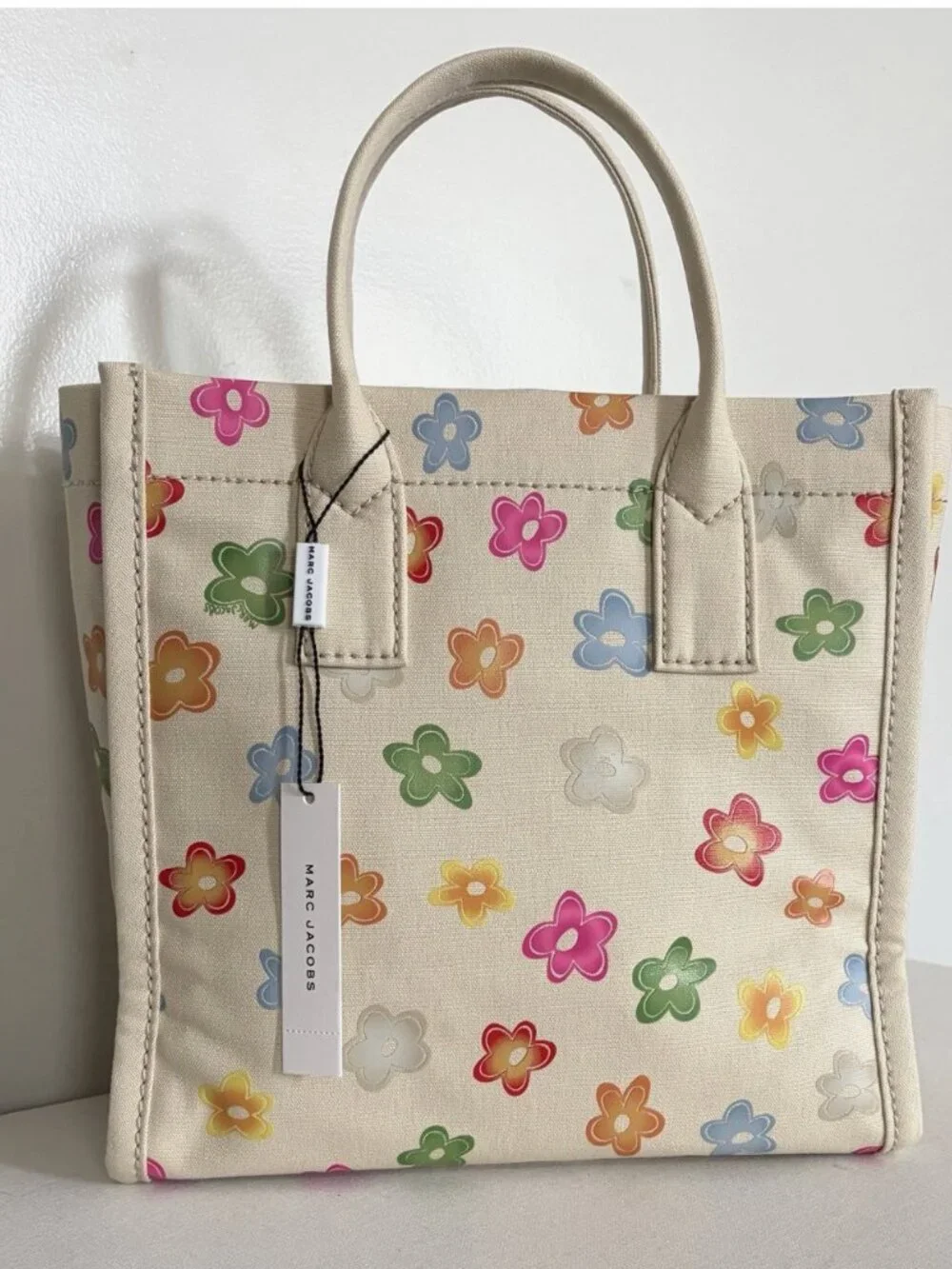 New Marc Jacobs Cotton Canvas Graphic Sticker-Print Medium Tote White Multi
